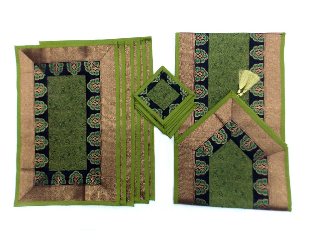 Indian Silk Table Runner with 6 Placemats & 6 Coaster in Green Color Size 16x62